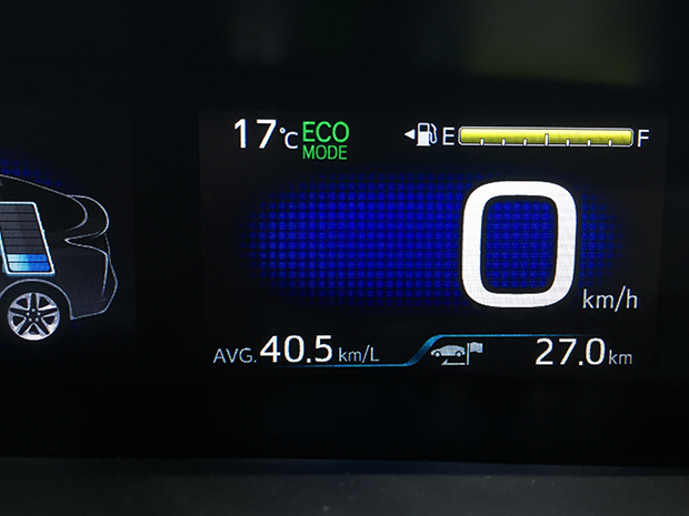 プリウス50系3月でも40Km/L以上の燃費表示。