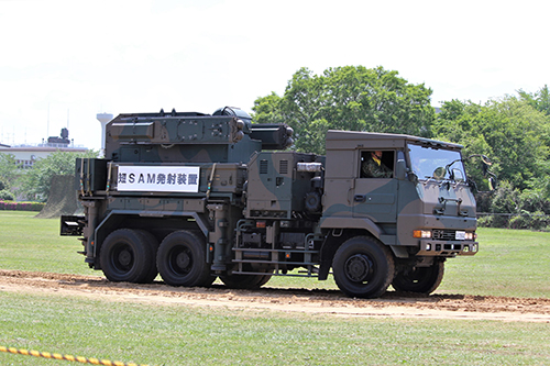 陸上自衛隊下志津駐屯地創設63周年記念行事「つつじ祭り」式典での高射学校の81式短SAM発射装置搭載車両。