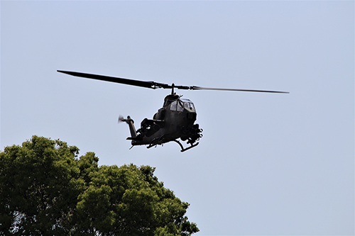 陸上自衛隊下志津駐屯地創設63周年記念行事「つつじ祭り」式典での高射学校のアトラクション・対戦車ヘリAH-1Sコブラ着陸態勢。